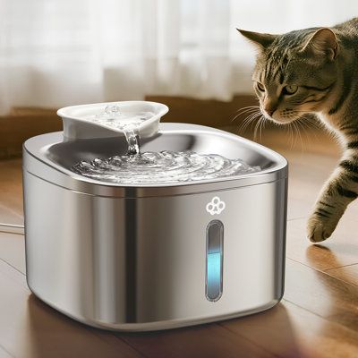 ZYFeeder 2.2L Automatic Cat Water Fountain – Square Stainless Steel Pet Water Feeder with Water-Level Window (No 5V 1A Plug)