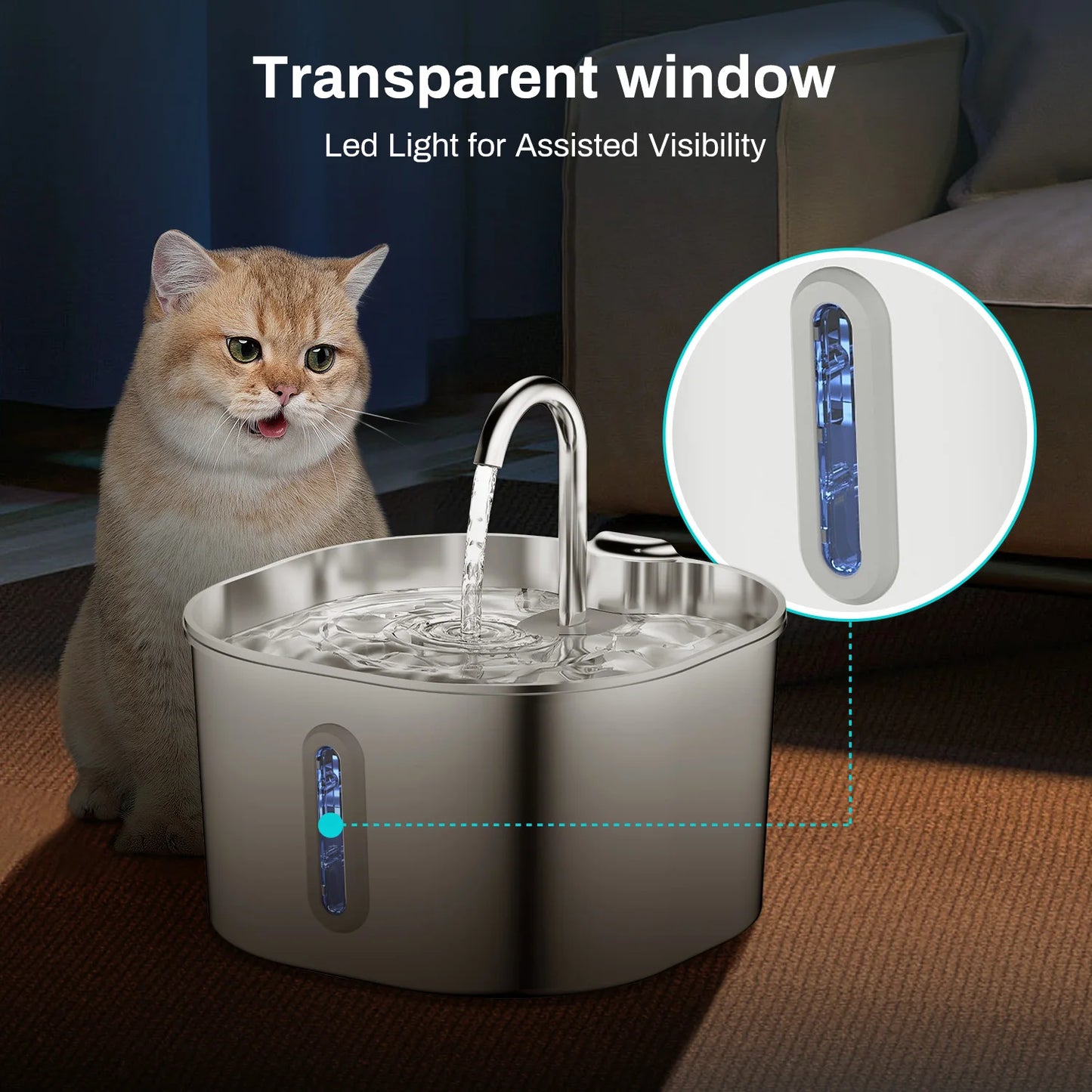 ZYFeeder 2.2L Automatic Cat Water Fountain – Square Stainless Steel Pet Water Feeder with Water-Level Window (No 5V 1A Plug)