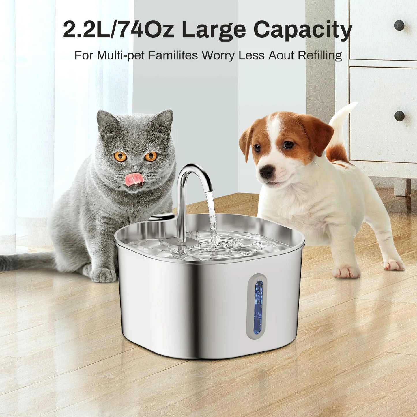 ZYFeeder 2.2L Automatic Cat Water Fountain – Square Stainless Steel Pet Water Feeder with Water-Level Window (No 5V 1A Plug)