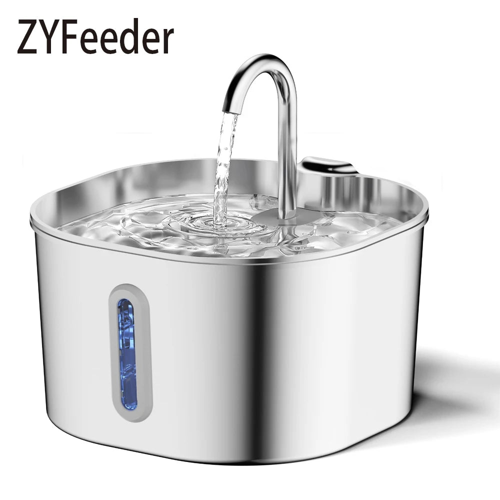 ZYFeeder 2.2L Automatic Cat Water Fountain – Square Stainless Steel Pet Water Feeder with Water-Level Window (No 5V 1A Plug)